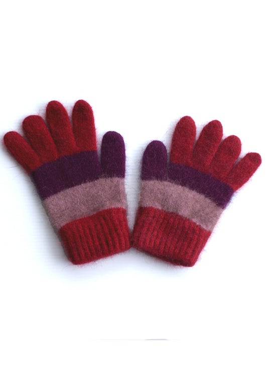 Red Kids Merino Possum Striped Gloves