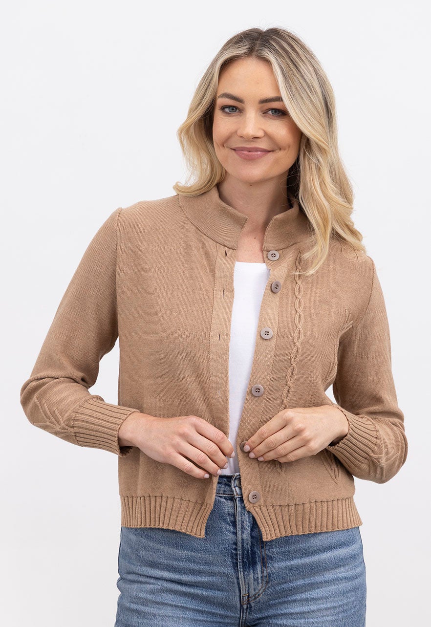 Merino Cable Cardigan Camel | The Wool Company