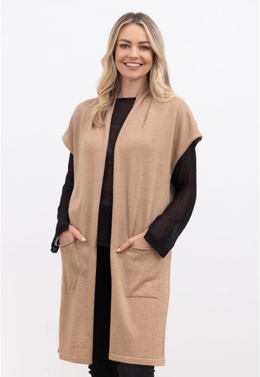 Camel Merino Cap Sleeve Cardigan