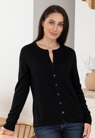 Black Merino Classic Crew Cardigan