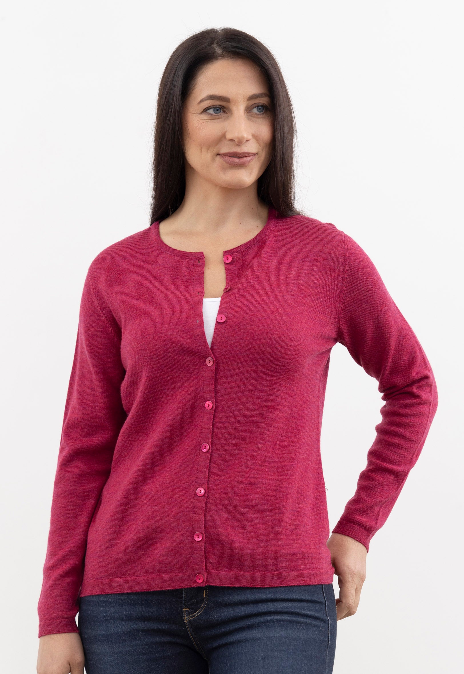 Merino Classic Crew Cardigan Raspberry Crush | The Wool Company