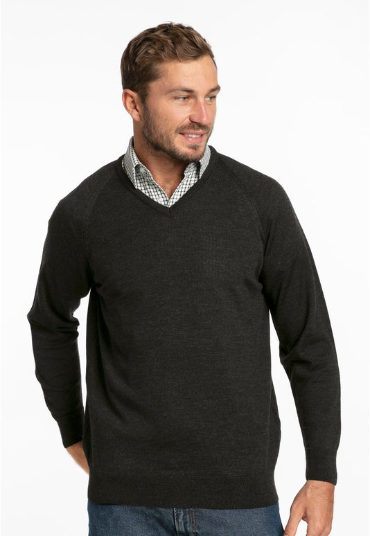 Charcoal Merino Fine V Neck Sweater