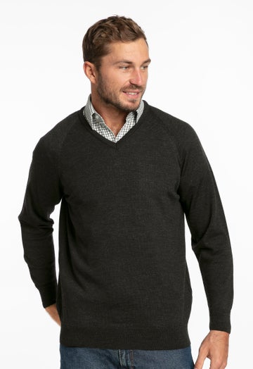 Charcoal Merino Fine V Neck Sweater