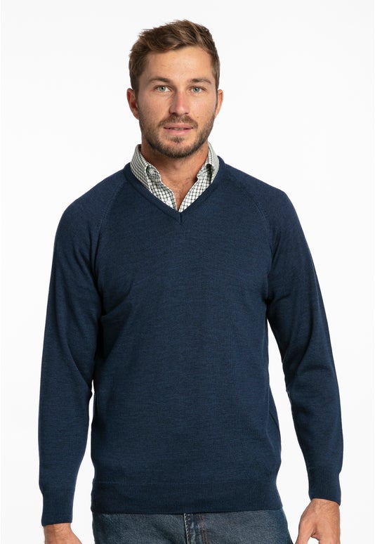 Indigo Merino Fine V Neck Sweater