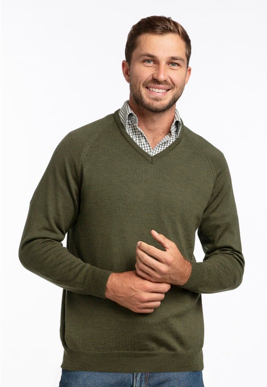 Olive Merino Fine V Neck Sweater