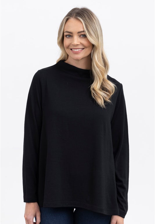 Black Merino Funnel Neck  Swing Top
