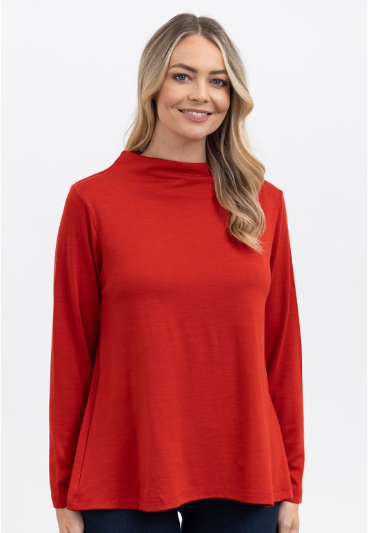 Burnt Red Merino Funnel Neck  Swing Top
