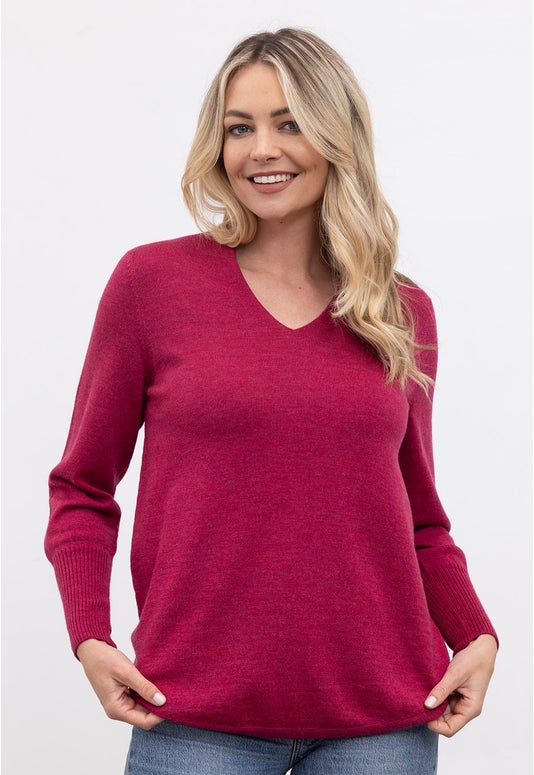 Raspberry Crush Merino High V Neck Sweater