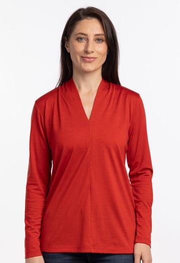 Burnt Red Merino High V Neck Top