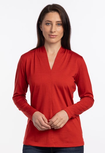 Burnt Red Merino High V Neck Top