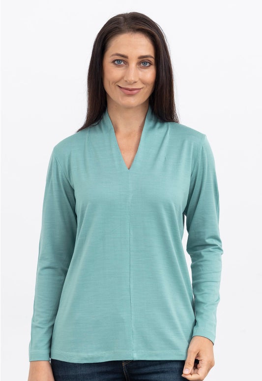 Sea Foam Merino High V Neck Top