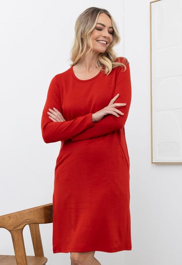 Burnt Red Merino Long Sleeved Dress