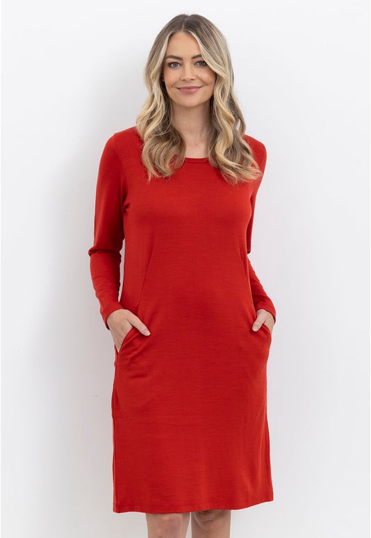 Burnt Red Merino Long Sleeved Dress