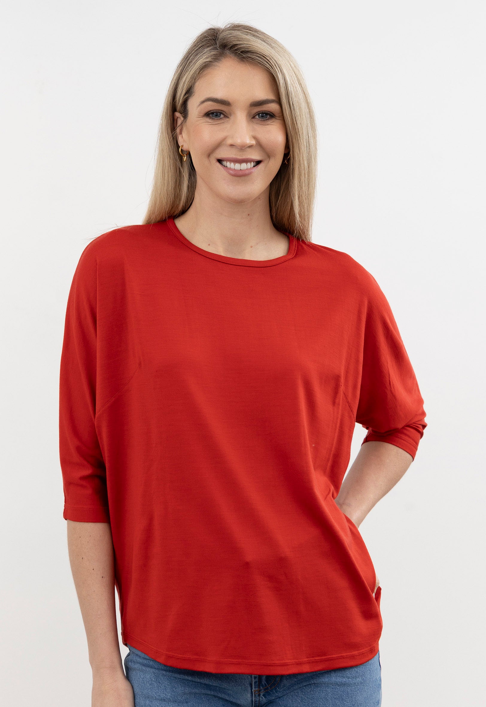 Merino Loose 3/4 Sleeve Top Burnt Red | The Wool Company