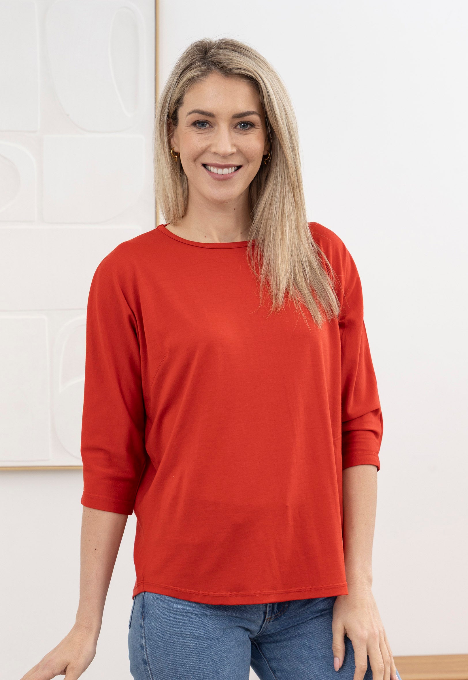 Merino Loose 3/4 Sleeve Top Burnt Red | The Wool Company