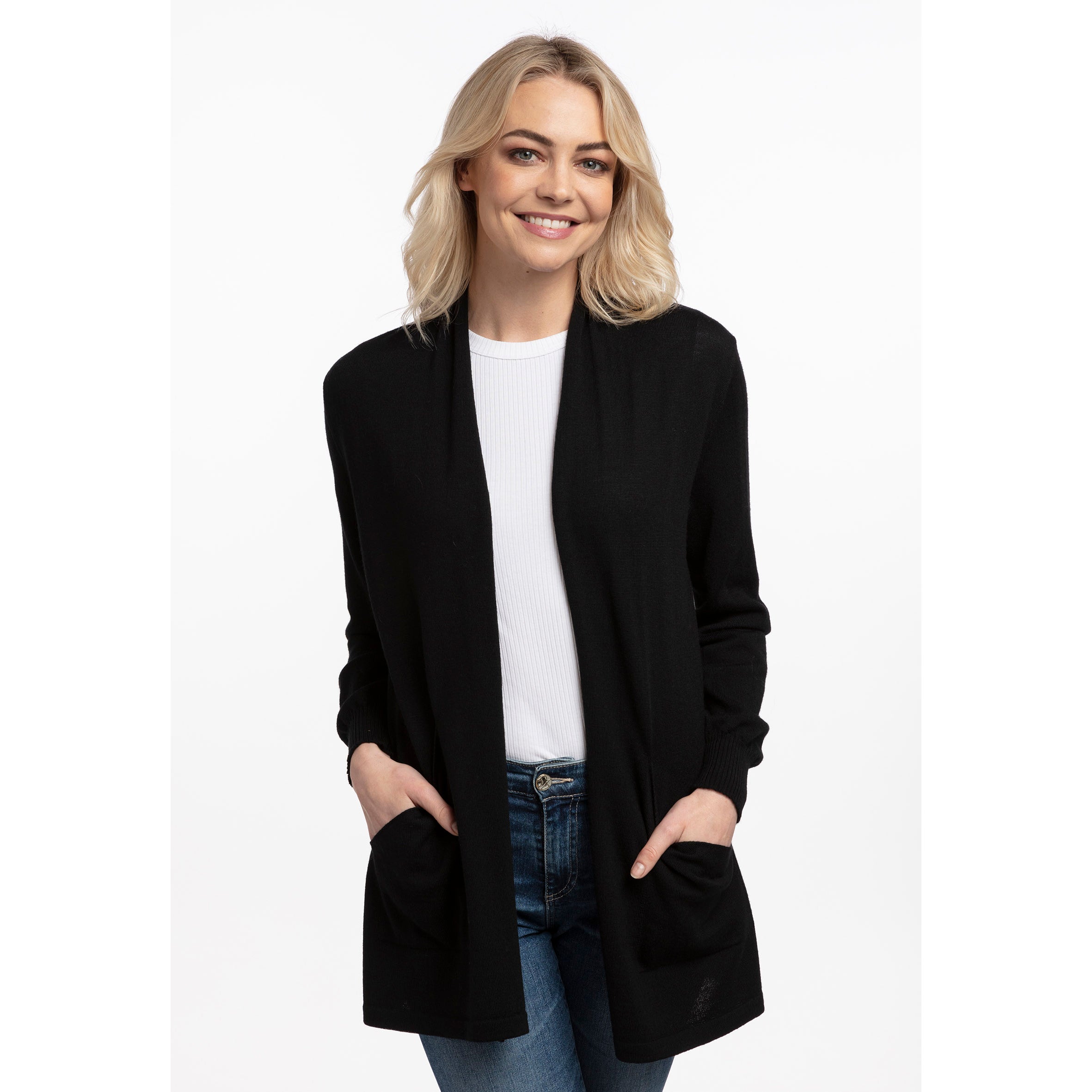 Merino Open Front Jacket Black The Wool Company