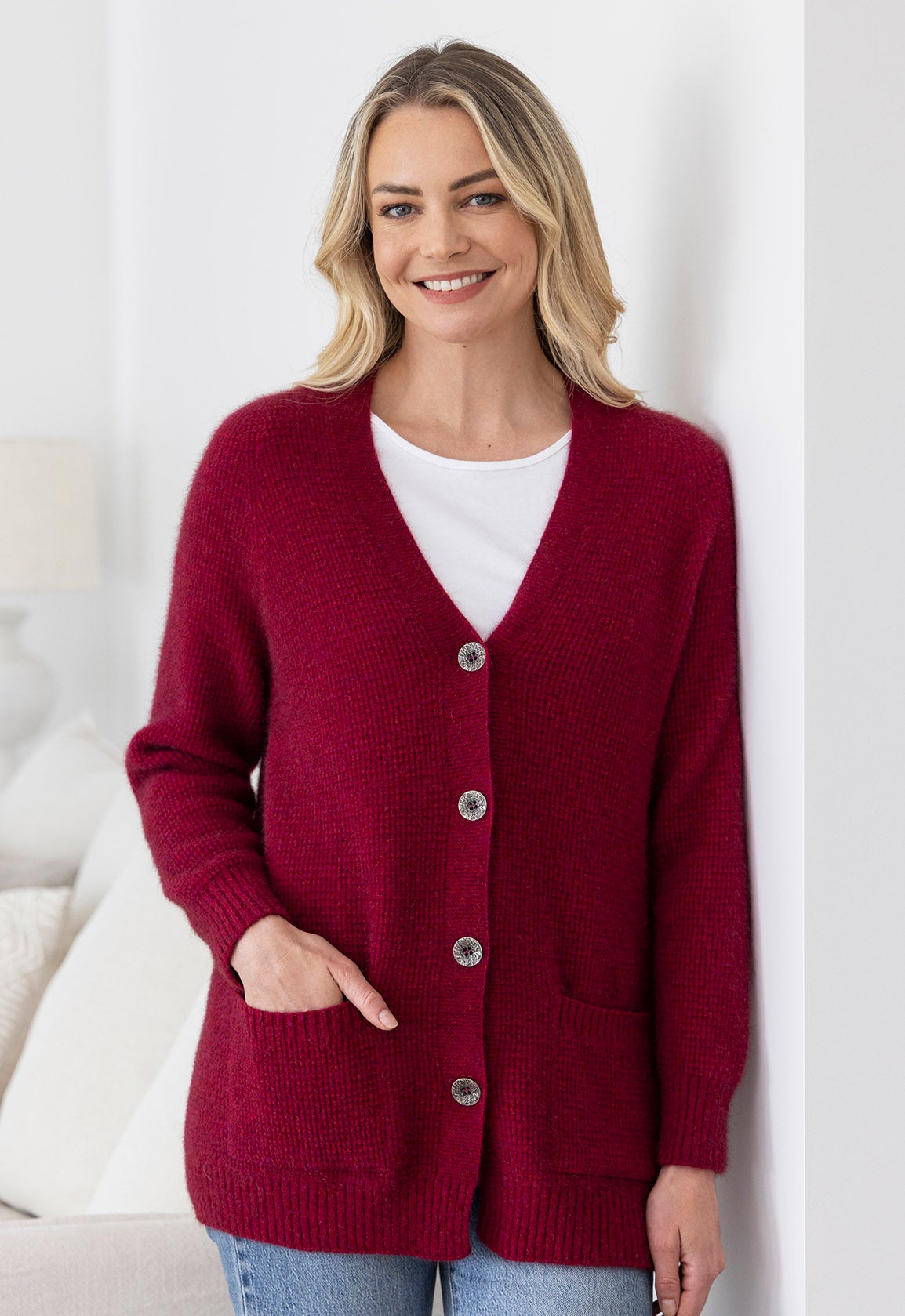 Merino Possum Boyfriend Cardigan Raspberry | The Wool Company