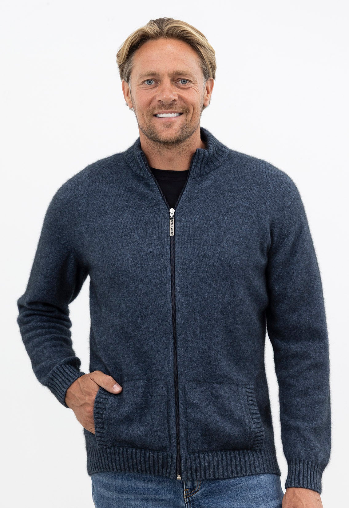 Merino Possum Rib Panel Jacket Blue Marl | The Wool Company