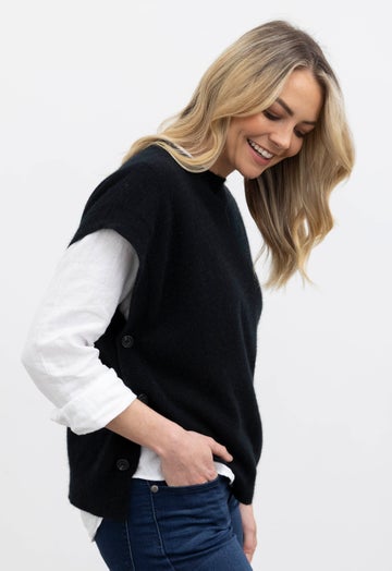 Black Merino Possum Button Vest