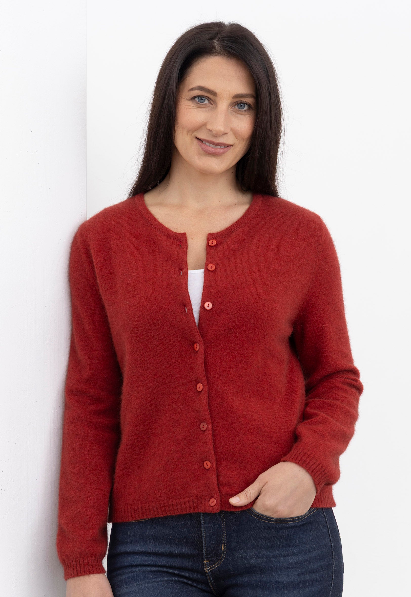 Merino Possum Classic Crew Cardigan Scarlet | The Wool Company