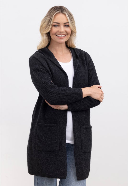 Black Marl Merino Possum Hooded Long Jacket