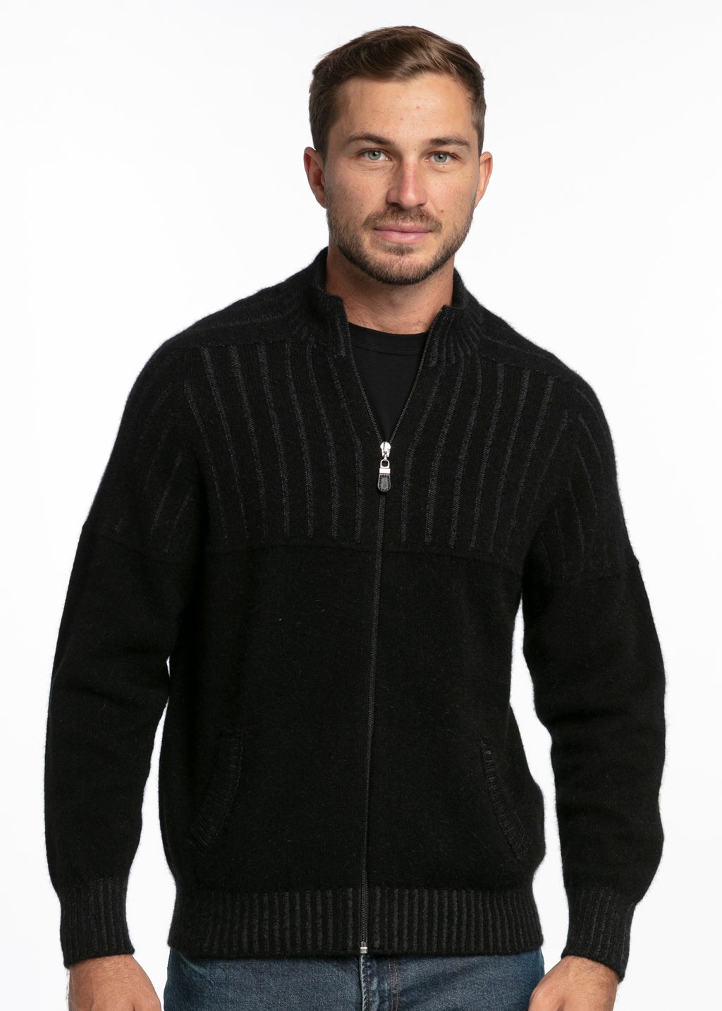 Merino Possum Rib Panel Jacket Black | The Wool Company