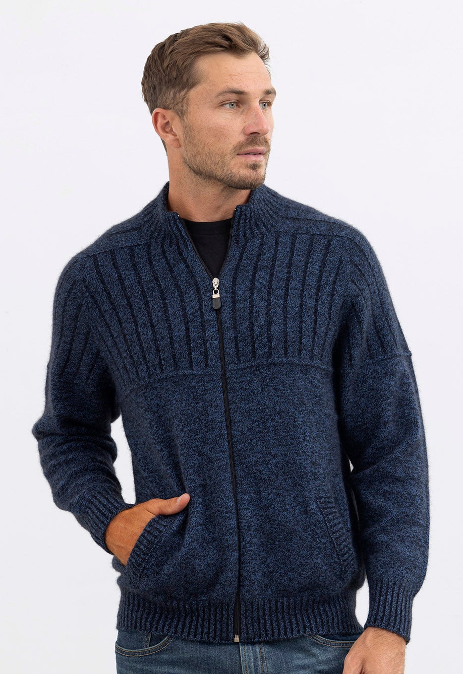 Merino Possum Rib Panel Jacket Blue Marl | The Wool Company