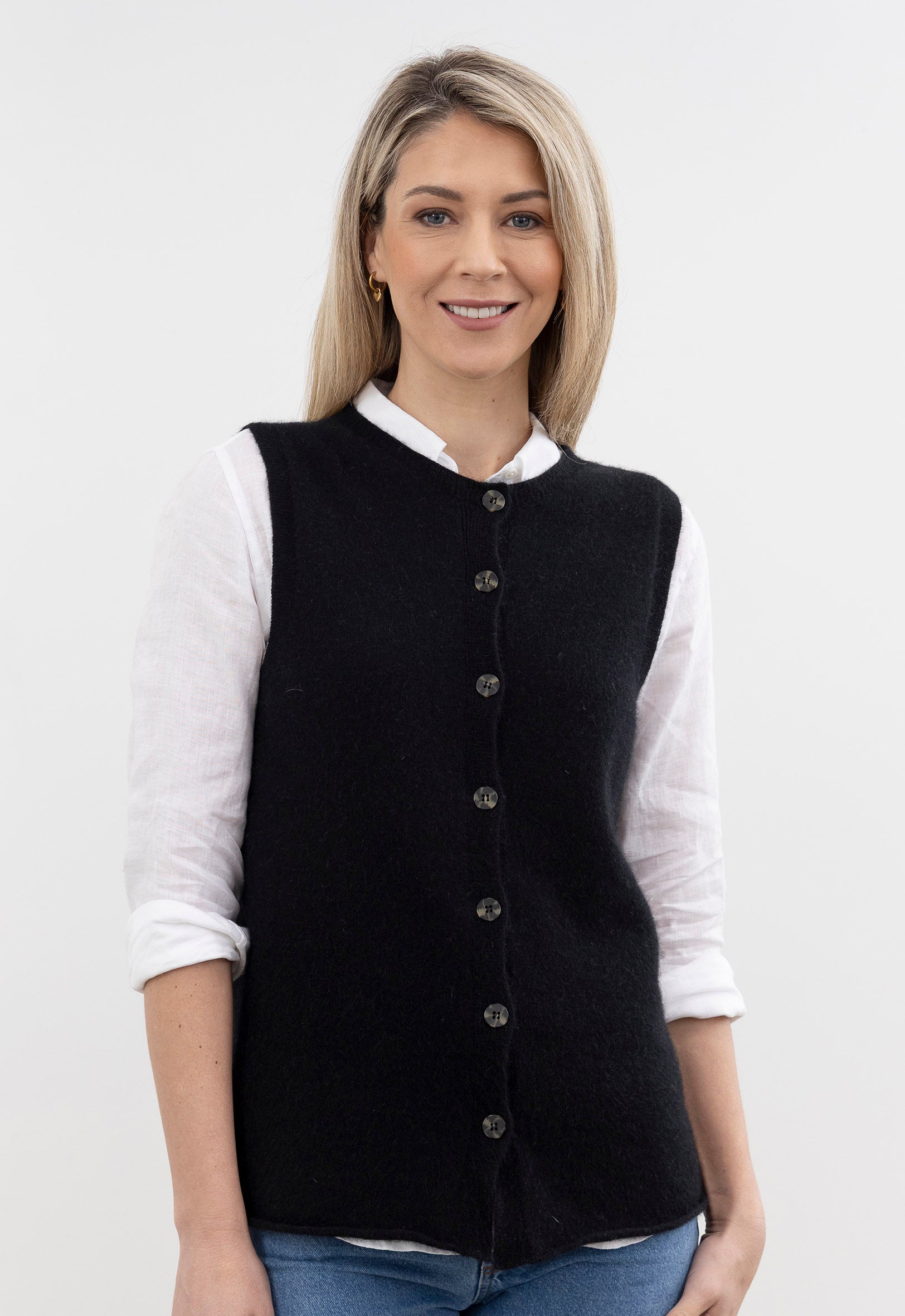 Merino Possum Sleeveless Cardigan Black | The Wool Company