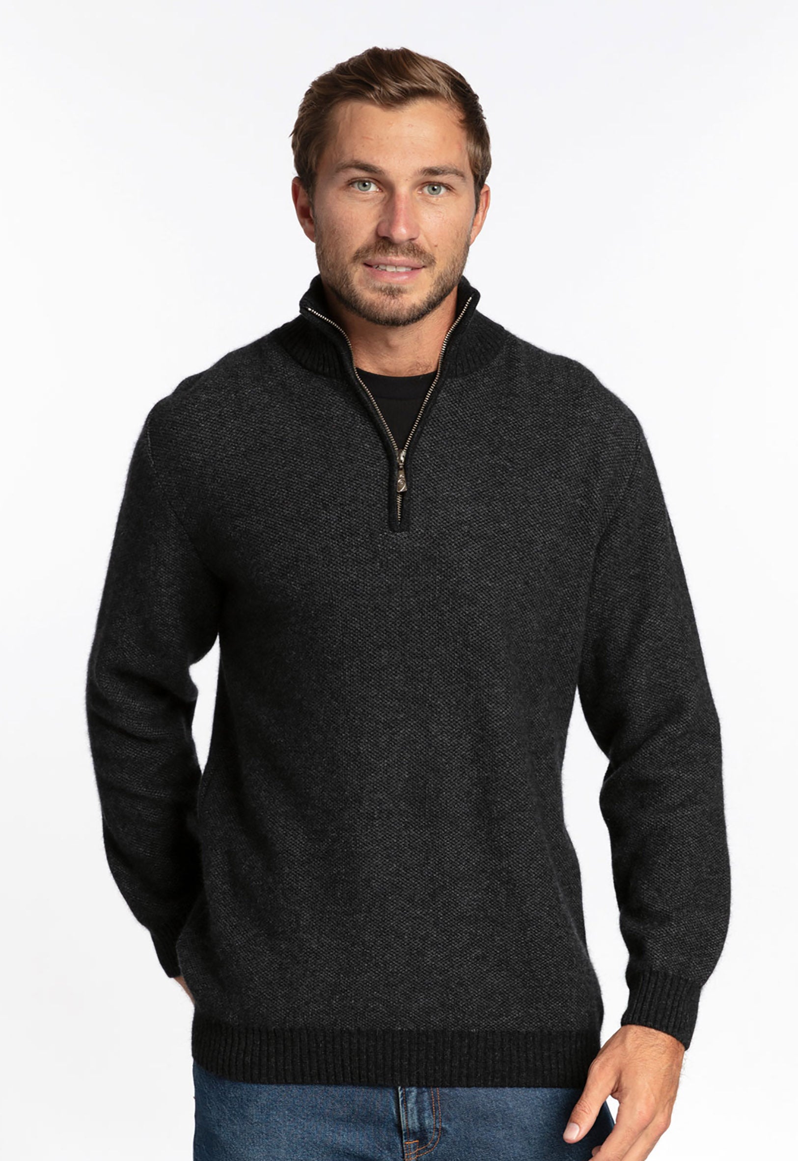 Merino Possum Textured Turtle Zip Sweater Charcoal | The Wool Company