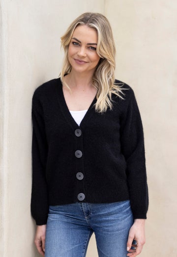 Black Merino Possum V Neck Cardigan