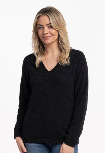 Black Merino Possum Vee Neck Sweater