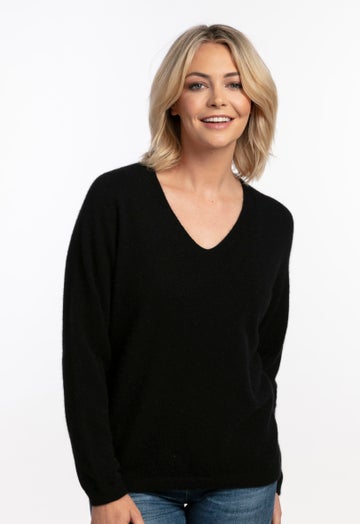 Black Merino Possum Vee Neck Sweater