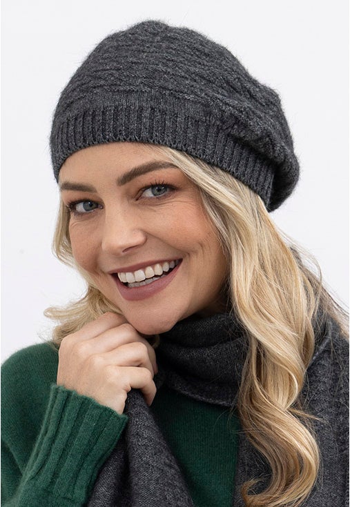 Mid Grey Merino Possum Zig Zag Beret