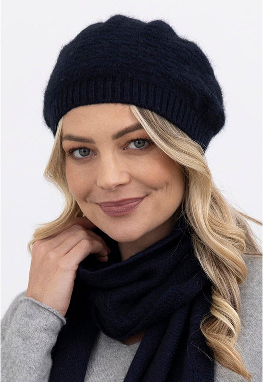 Navy Merino Possum Zig Zag Beret