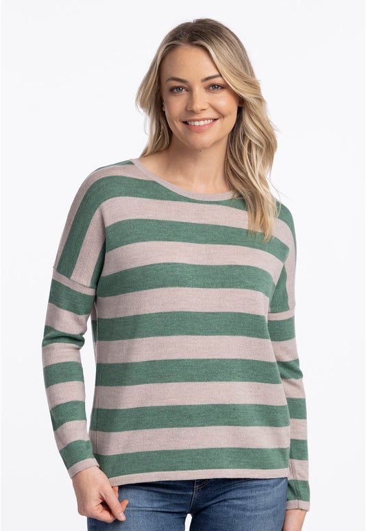 Green Tea/sand Merino Contrast Stripe Crew